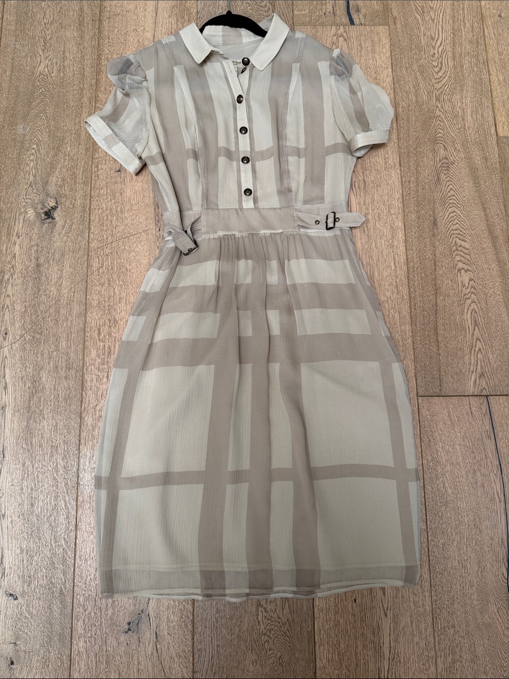 Burberry Neutral Beige & Cream Plaid Belted Shirt Dress
